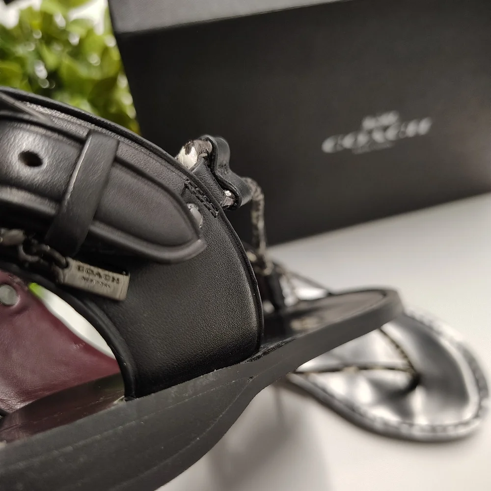 Coach Clarkson Thong Sandals Black White Snake Embossed Leather 5M NIB